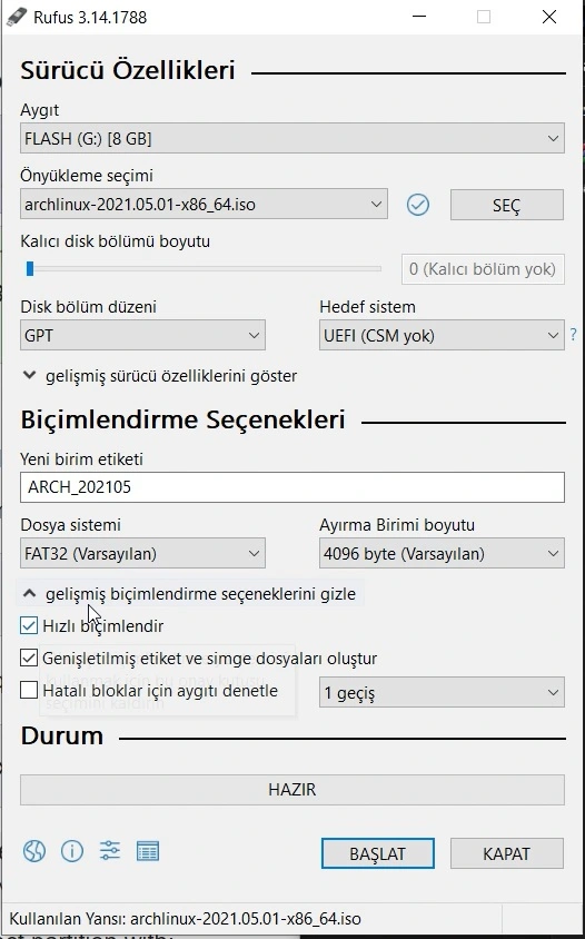 Rufus ile arch linux usb hazırlama.webp