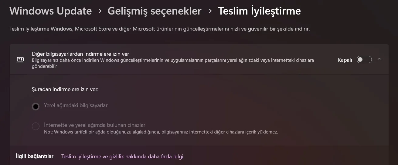 Windows update teslim iyileştirme ayarı.webp